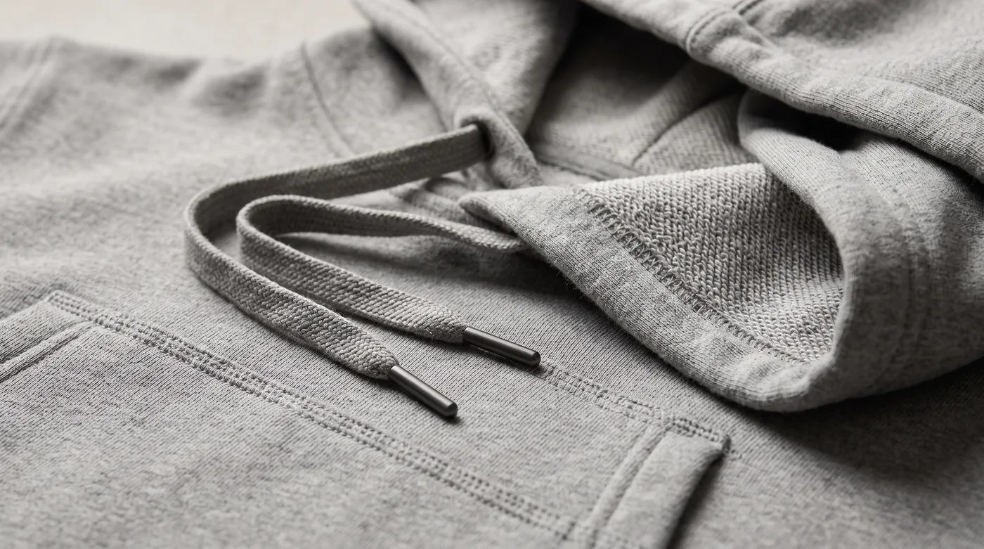 Close-up of hoodie double-layer hood construction and metal eyelet drawcord finish