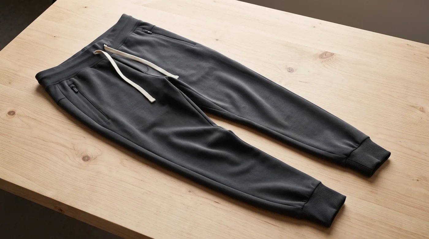 Detail of articulated knee darts and 2x2 rib ankle cuffs on athletic joggers