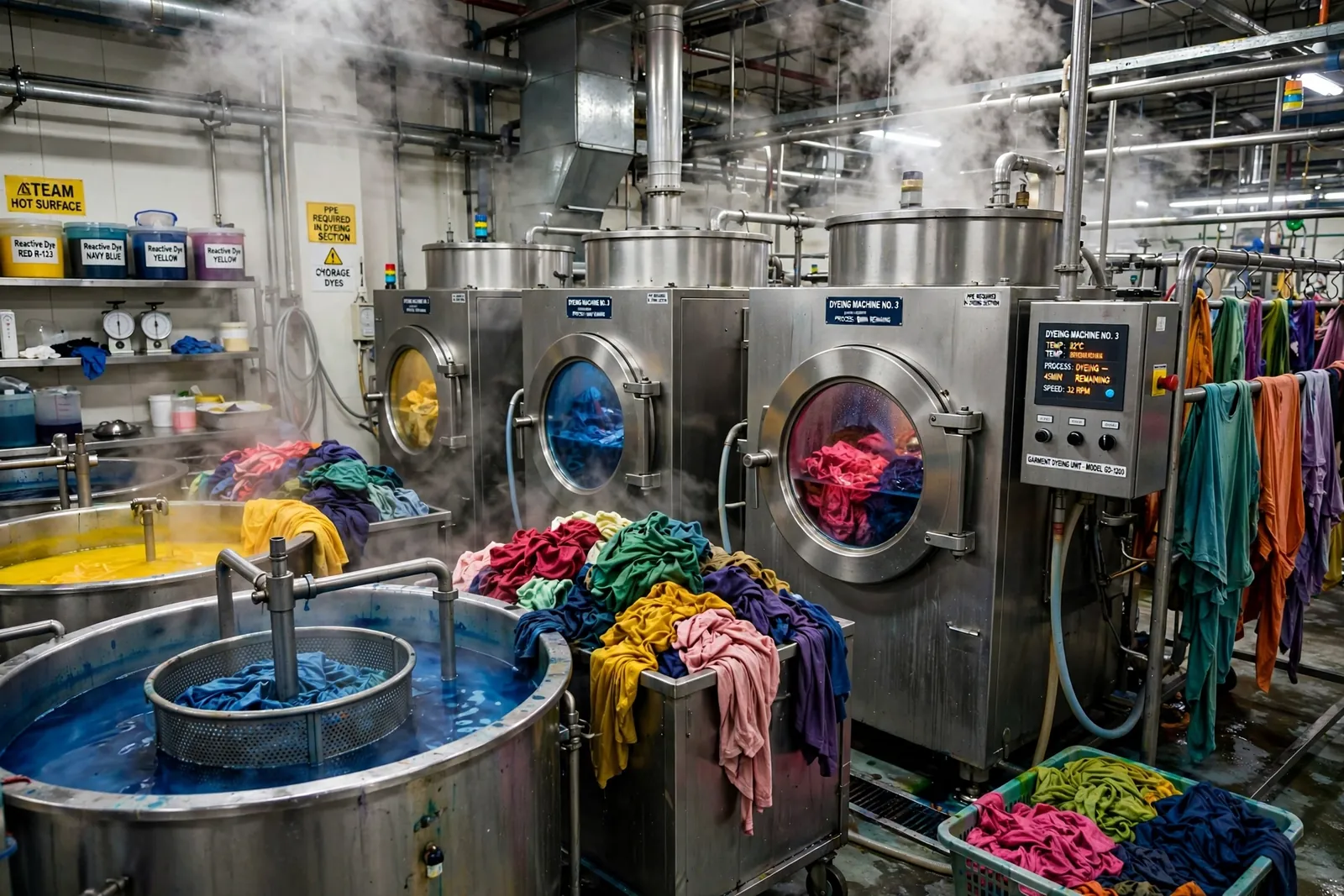Dyeing machines with loaded garments in multiple colours