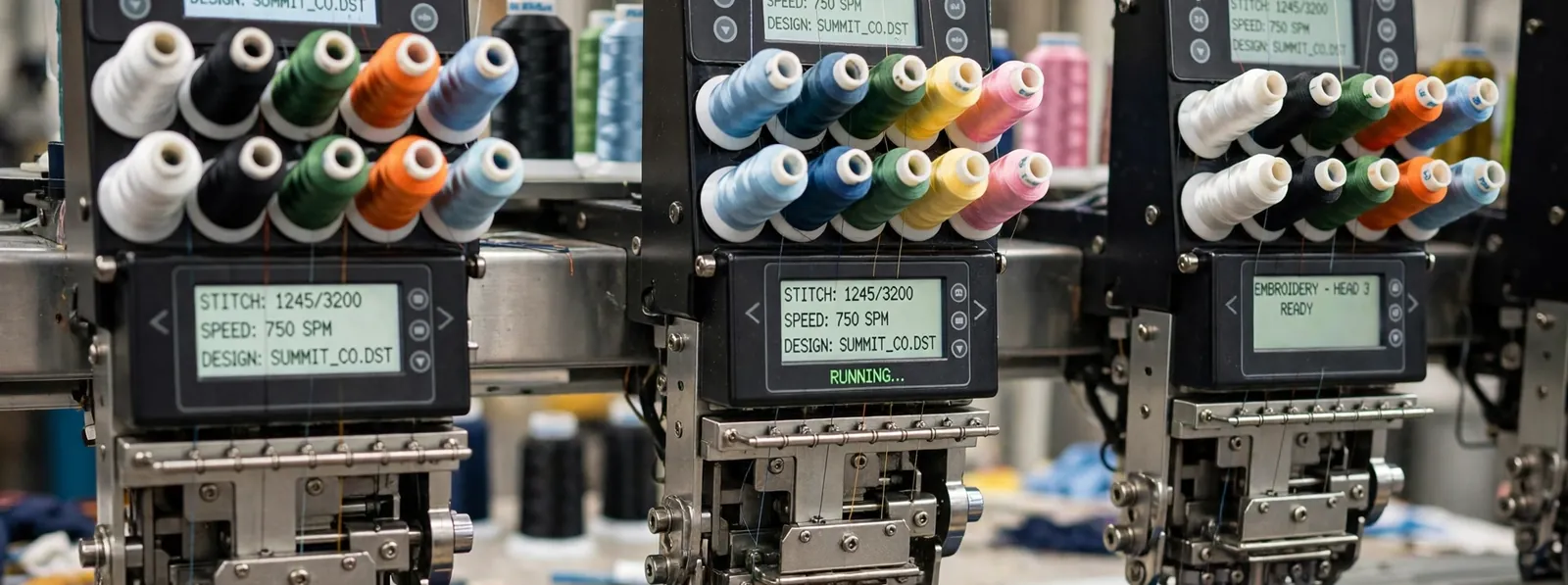 Multi-head embroidery machines with thread cones and embroidery hoops