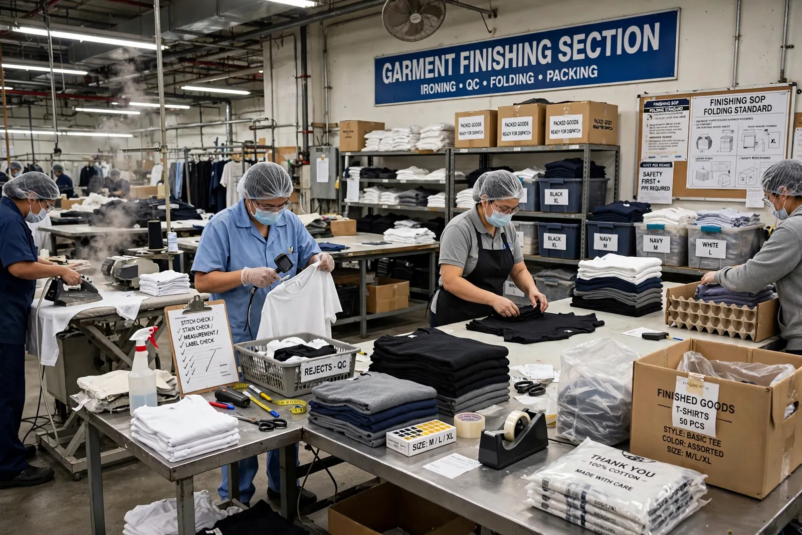 Garment finishing section with steam pressing, folding and packing