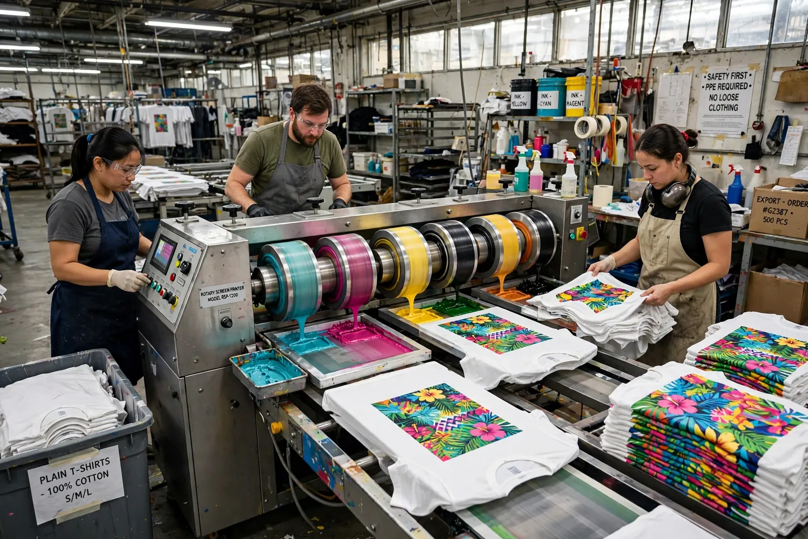Screen printing line producing printed garments
